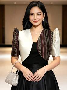 現代菲律賓風夏季女款優雅拼接花瓣袖短袖波羅羅開襟短外套 - 香檳色 - 查看 1