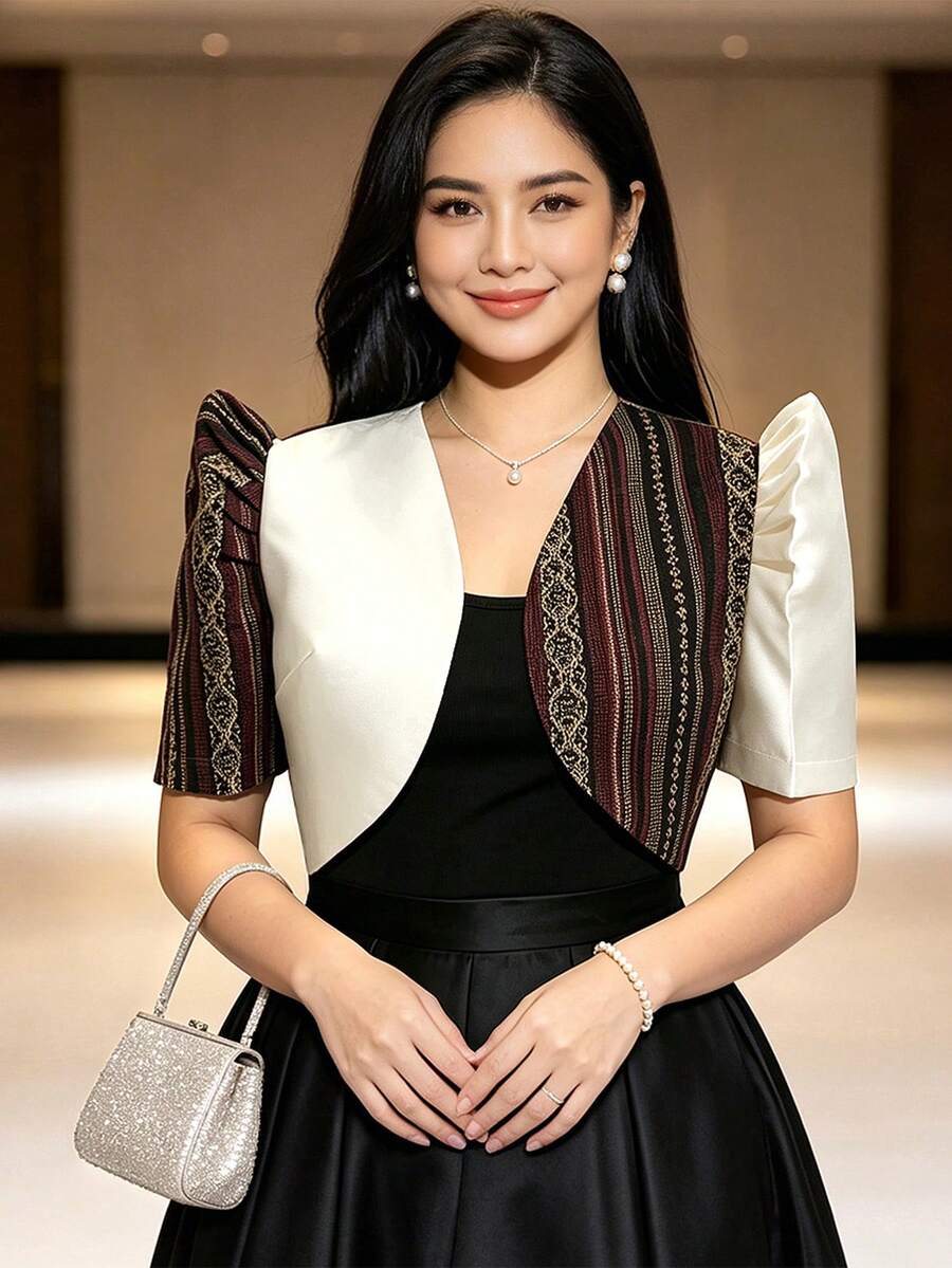 現代菲律賓風夏季女款優雅拼接花瓣袖短袖波羅羅開襟短外套 - 香檳色 - 查看 1