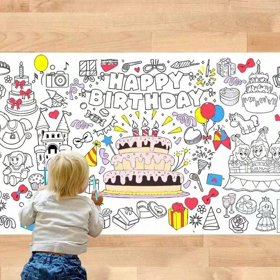 Kids Birthday Doodle Tablecloth, Thickened Children's Coloring Painting Party Cartoon Decoration, Disposable Waterproof Coloring Tablecloth, Multi-Functional Drawing Paper - Multicolor - View 1