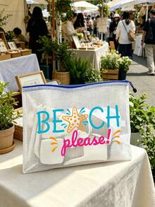 PVC防水海灘防曬化妝包，彩色網格化妝袋，印有「BEACH PLEASE」字樣與海星圖案，海灘主題收納包，大容量透明旅行盥洗包，適合度假、浴室、宿舍、夏季海灘、游泳與旅行。獨特生日禮物、旅行紀念品、教師節禮物、開學必備 - 彩色 - 查看 3