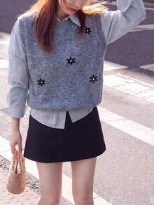 Alicedudu Rompi Sweater Pullover Leher Bulat Bordir Bunga Campuran Wol Musim Gugur Wanita untuk Liburan Musim Gugur - Grey - View 5