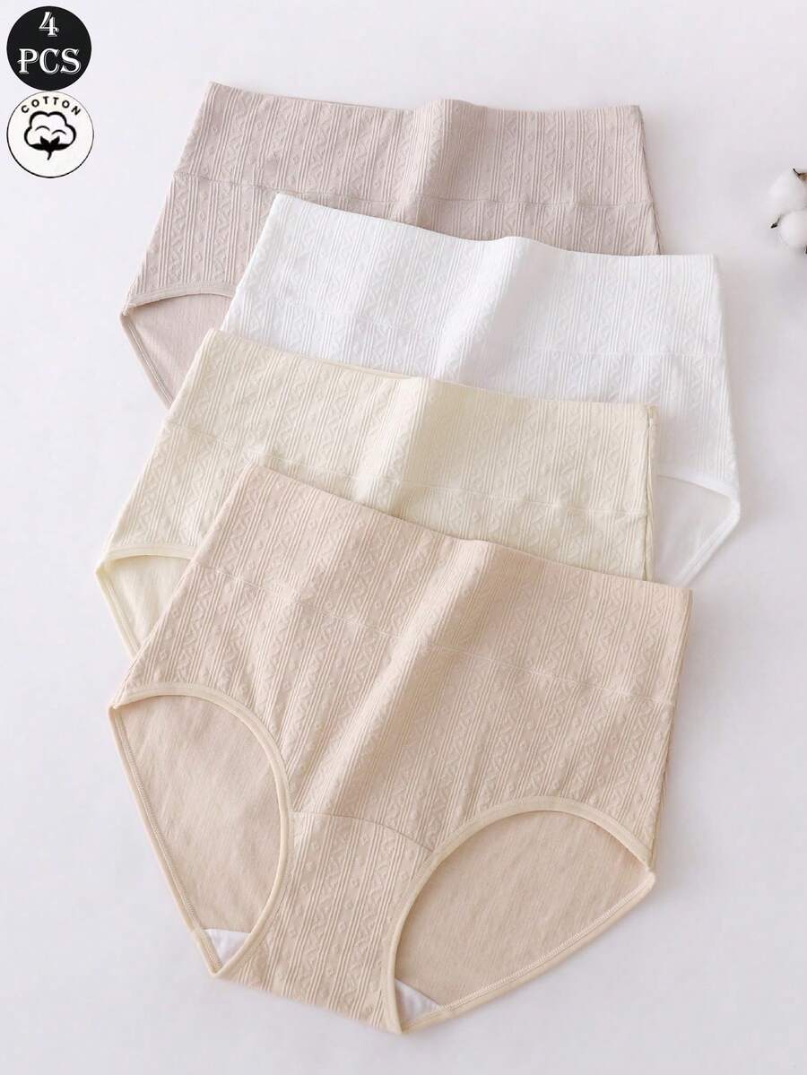 4pcs Women's High Waist Cotton Breathable Comfortable Solid Color Panties - Multicolor - View 1