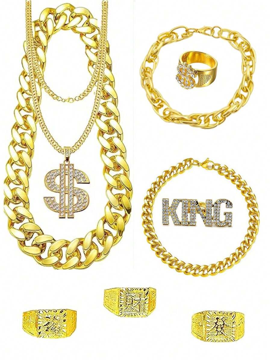 9pcs/Set Hip Hop Punk Gold Necklace Exaggerated Big Gold Chain Wealth Fortune Gold Ring Set, Retro Punk Style, Suitable For Party, Gathering, Halloween, COS - 9 Gold Pieces - View 1