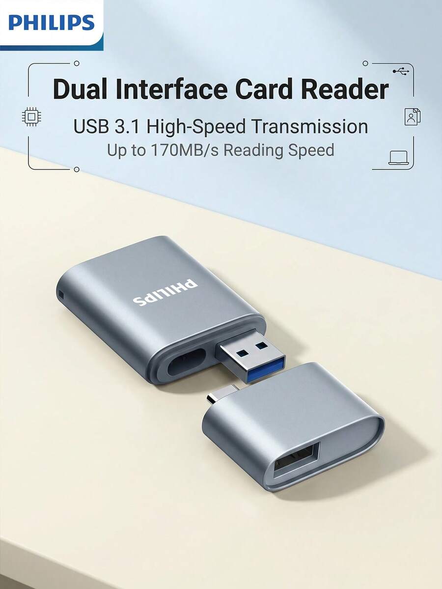 Philips Portable SD Card Reader, USB 3.1 Interface, High Performance And Stable, Dual Interface Plug And Play, With Lanyard Hole For Easy Carrying, Suitable For Photography And Daily Data Transfer - View 1