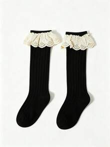4 Pairs Children's Simple Lace Trim Solid Color High Tube Socks, Sweet And Cute For Girls, Suitable For Daily Wear And Back To School Season - Multicolor - View 5