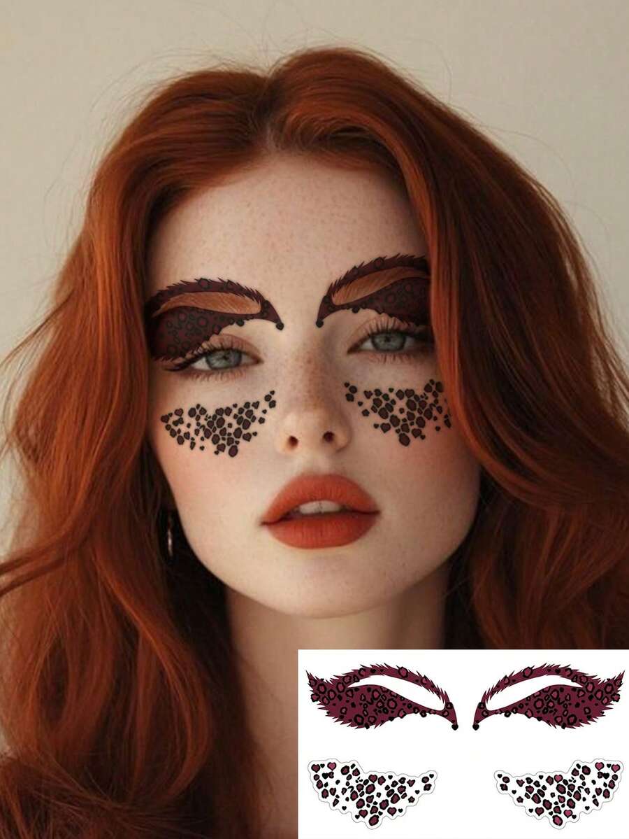 1 Folha de Adesivo de Tatuagem Temporária com Estampa de Leopardo Vermelho Vinho e Coração, para Olho, Bochecha e Rosto, À Prova d'Água e Duradoura, Decoração Facial para Carnaval, Cosplay, Festival, Halloween, Festa e Rave, Decalque Corporal para Maquiagem - Multicolorido - Visão 1