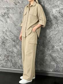 Women's Spring/Autumn Casual Elegant Solid Color Loose Fit Button-Front Collar Top And Long Pants Minimalist Daily 2-Piece Set - Apricot - View 4