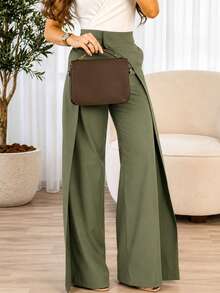 Autumn/Winter Asymmetrical Criss-Cross Design Casual Wide Leg Structured Pants For Women Olive Green Straight Leg Trousers With Pockets Professional Office Long Pants - Green - View 3