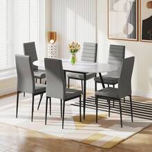 Dining Table And Chairs Set 6, Extendable Table With 6 Faux Leather Chairs For Dining Room, Kitchen, 6 Seater Room Set - White Marble Table + 6 Gray PU Chairs (black Legs) - View 13