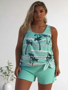 Women Scoop Neck Palm Tree Print Plus Size Tankini Two Piece Solid Mint Boyshort Bathing Suit - Green - View 4