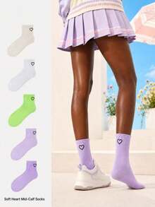 1 Pair/5 Pairs Random Color, Spring/Summer Heart Series, Random Candy Color Heart Pattern Japanese Cute Sweet Style, Daily Simple Sweet Cute Versatile, Girls Campus Casual Commute Home Wear, Soft Skin-Friendly Comfortable Breathable Sweat-Absorbing, Women's Mid-Calf Socks - Multicolor - View 1