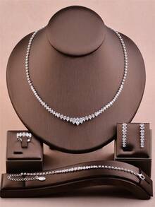 CORUIXI 1 Set Exquisite Compact Diamond Jewelry Set For Women, Shiny Zirconia + Rhinestone Necklace, Earrings, Bracelet, Ring, 4-Piece Elegant Accessories Suitable For Festivals And Daily Wear - Silver - View 1