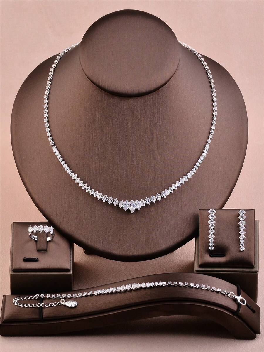 CORUIXI 1 Set Exquisite Compact Diamond Jewelry Set For Women, Shiny Zirconia + Rhinestone Necklace, Earrings, Bracelet, Ring, 4-Piece Elegant Accessories Suitable For Festivals And Daily Wear - Silver - View 1