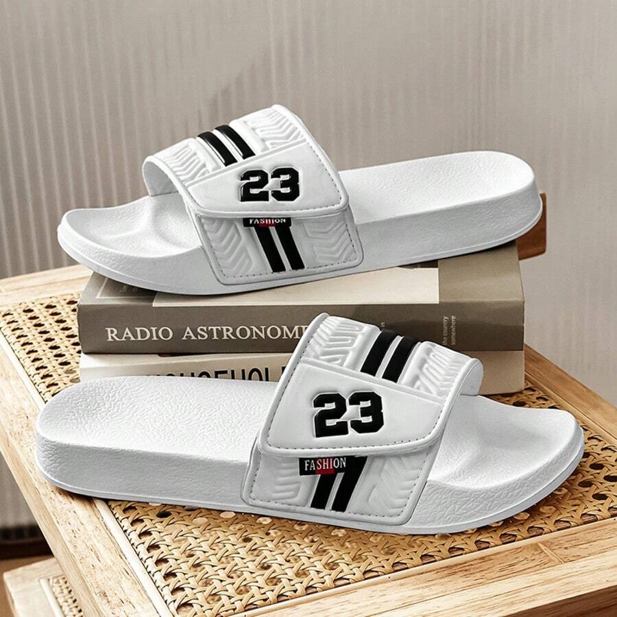 2026 Spring/Summer New Korean Style Couple Matching Men's Black Personalized Striped Slides, EVA Quick-Dry Soft Sole Roman Texture Anti-Slip Wear-Resistant, Fashionable Versatile Sandals For Bathroom, Home, Outdoor And Beach - White - View 1