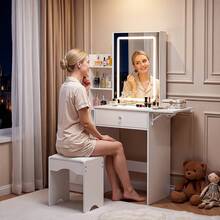 Dressing Table Set With Mirror And Stool, Adjustable LED Light Vanity Table, 3 Drawers Makeup Desk With Sliding Mirror - White #2 - View 3