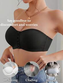 Front Closure Strapless Push-Up Bra, Seamless Wire-Free Support Black Bandeau, Invisible Comfortable Thick Padded Bra, Suitable For Cold Shoulder Outfits - Black - View 3