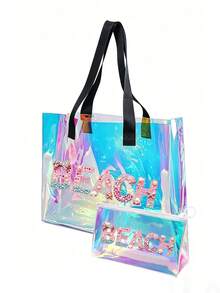Iridescent Laser Transparent PVC Beach Tote Bag, Large Capacity Beach Letter + Matching Pattern Zipper Pouch, Waterproof Sand-Resistant Easy To Clean, Can Store Swimwear, Towels, Sunscreen, Cosmetics, Suitable For Beach Vacation, Pool Party, Camping Picnic, Short Trip Scenarios, Suitable For Students, Moms, Travel Girls, Qixi, Birthday, Summer Festival Gift, Also Can Be Used As Toiletry Bag, Shopping Bag, Travel Storage Bag - Multicolor - View 12