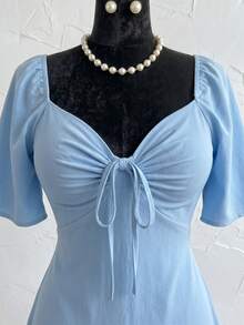 Plus Size Short Princess Dress, Loose Fit, With Gathered Neckline And Short Sleeves, Elegant, Sizes 46 To 56 - Baby Blue - View 6