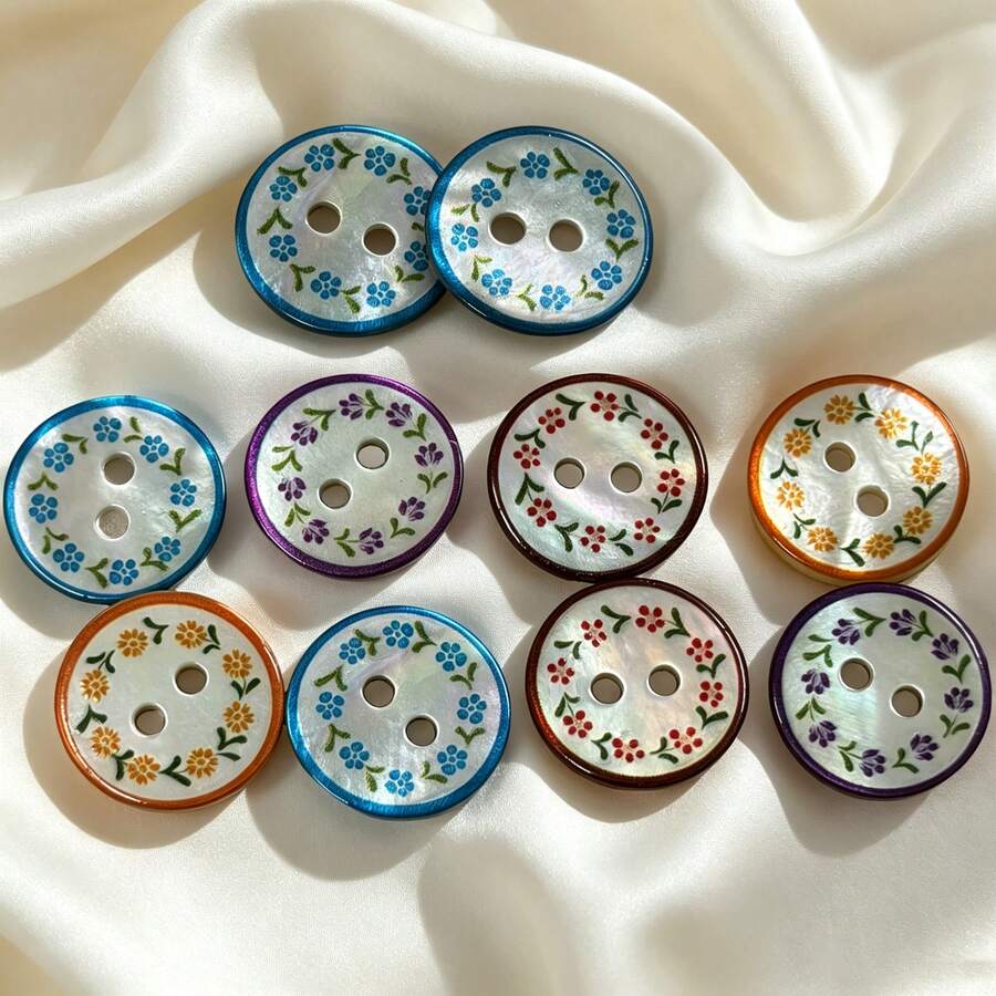 10/4/2入法式復古手繪花卉珍珠母貝鈕扣，圓形2孔天然貝殼鈕扣，適用襯衫、洋裝、手工裝飾、DIY縫紉用品（隨機款式） - A - 查看 1