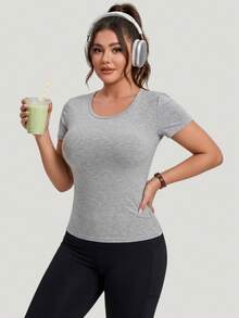 Plus Size Built-In Bra Short Sleeve T-Shirt, Wireless Padded Athletic Top For Yoga Gym Fall Workout & Casual Lounge - Light Grey - View 6