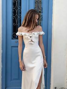 Elegant White Sleeveless Fitted Cocktail Dress With Ruffle Collar And Open Back Design, Women's Long Dress - White - View 5