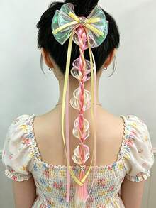 1pc Polka Dot Tulle Bow Ribbon Gradient Braid Wig Hair Tie, Multi-Color Hair Accessory For Travel & Photo Shoot - Multicolor - View 5