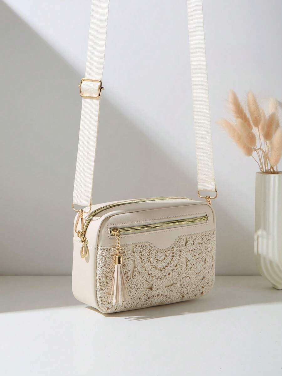 Floral Pattern Crossbody Bag Camera Bag, Bohemian Style Beach Bag, Travel Essential Accessory, Crochet Knit Set, Elegant Women's Wallet - Apricot - View 1