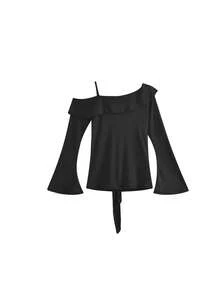 Kaos Rajut Lengan Panjang Tanpa Bahu Wanita, Atasan Berlapis untuk Awal Musim Gugur/Musim Semi/Musim Dingin dengan Desain Ruffle - Hitam - View 5