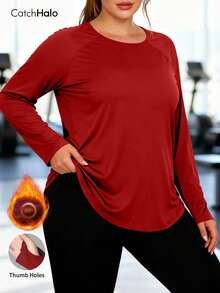 Tee-shirt de sport à manches longues pour femmes grandes tailles, avec trou pour le pouce, col rond, ourlet arrondi, coupe ample, doux et confortable, convient pour le fitness et le yoga - Rouge - Voir 9
