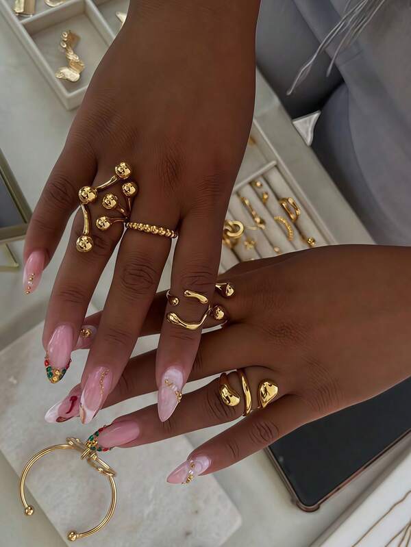 Juego de 5 anillos abiertos gruesos chapados en oro para mujeres, anillos de declaración asimétricos de cúpula y multi-bola estéticos, joyería para uso diario, trabajo, vacaciones