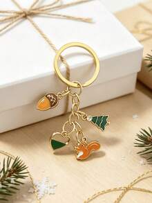[1pc]Mori Style Squirrel Oil Drop Keychain, Acorn Pine Tree Heart Multi-Charm Bag Pendant, Gold-Plated Mori Style Women's Key Ring, Forest Animal Oil Drop Keychain, Squirrel Acorn Pine Tree Charm Keychain, Fresh Natural Style Bag Pendant, Daily Matching Holiday Gift Accessory - Green + Brown - View 6
