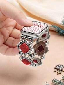 Huastonband Bohemian Style Young Fashion Women's Compatible Watch Band 38mm 40mm 41mm 42mm 44mm 45mm 49mm Fashion Classic Luxury Dopamine Colorful Women's Jewelry Bracelet Square Elastic Adjustable Red Bracelet, Compatible With Apple Watch Ultra SE/S11/S10/S9/S8/S7/S6/S5 Series Smart Watch Accessories Wristband Men's, Summer Women's Accessories Beach Outdoor Party Dance Gift For Friends Party Vacation - Red - View 4