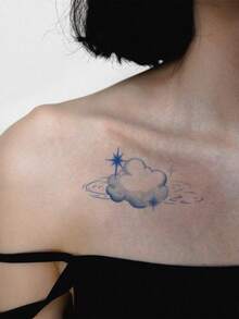 1pc Blue Gradient Ink Wash Cloud Ripple Four-Point Sparkle Horizontal Pattern Temporary Tattoo Sticker, Realistic Fake Tattoo Design, Suitable For Daily Bachelorette Party Favors, Music Festivals, Gaming, Graduation Gifts, Lasts 3-5 Days - Blue - View 5