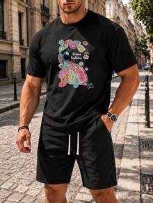 Camiseta de cuello redondo con diseño de letras para hombres - Negro - Ver 1