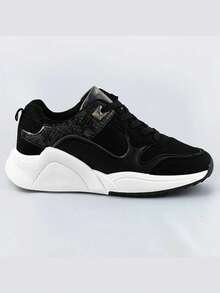 Sports Shoes, Lace-Up, Mesh + Imitation Leather, Snake Skin Imitations. - Black - View 4