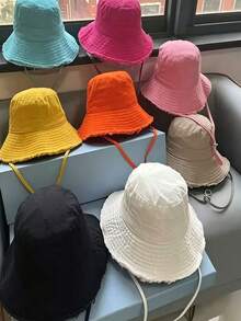 1pc Women's Drawstring Bucket Hat, Adjustable Chin Strap, Distressed Effect, Soft Fabric, Sun Protection And Windproof, Fashionable And Versatile, Suitable For Travel, Beach, Vacation, Daily Casual - Bucket Hat - View 2