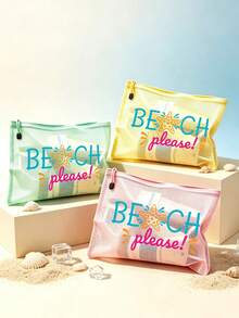 PVC防水海灘防曬化妝包，彩色網格化妝袋，印有「BEACH PLEASE」字樣與海星圖案，海灘主題收納包，大容量透明旅行盥洗包，適合度假、浴室、宿舍、夏季海灘、游泳與旅行。獨特生日禮物、旅行紀念品、教師節禮物、開學必備 - 彩色 - 查看 4