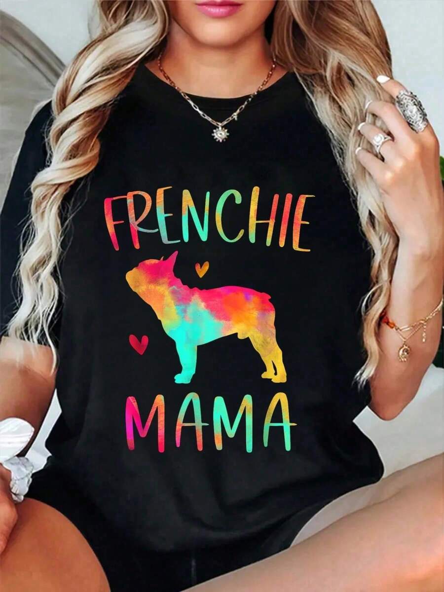 100% Frenchie Mama Colorful French Bulldog Gifts Dog Mom T-Shirt Women's Men's Summer Comfort Soft Crew Neck Tee Tops - Negro - Ver 1
