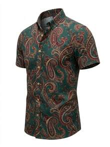 Men's Cashew Print Single-Breasted Casual Versatile Short Sleeve Shirt For Daily Wear - Green - View 4