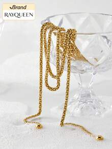 RAYQUEEN 1pc Stainless Steel Metal Long Layered Chain Gold Necklace, Women's Fashion Neck Chain, Waterproof Jewelry Gift For Women - Gold - View 3