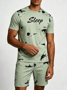 Men's Summer Thin Minimalist Ink Splatter SLEEP Print Short Sleeve & Shorts 2 Pieces Pajama Set, Fresh Lazy Casual Loungewear - Multicolor - View 4