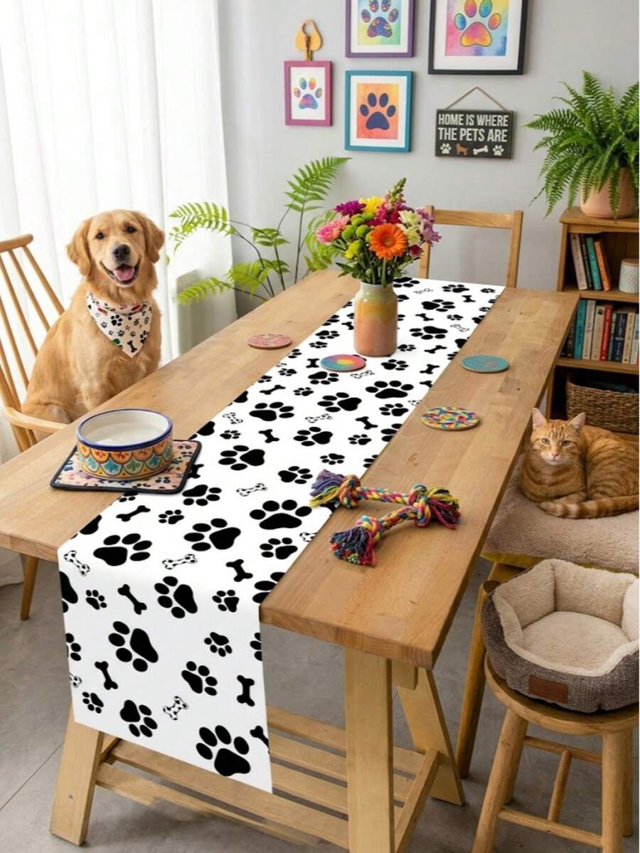 1Pc Puppy Paw Table Runner, 180*35cm Black White Paw Pattern Polyester Table Cover For Pet Theme Birthday Party Table Decor Baby Shower Party Supplies