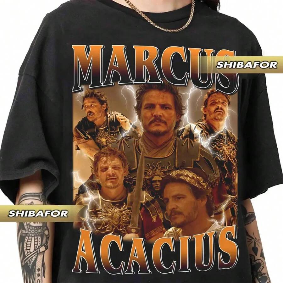 Pedro Pascal As Marcus Acacius, Gladiator II, 90s Retro Style, Vintage T-Shirt. - 黑色 - 查看 1
