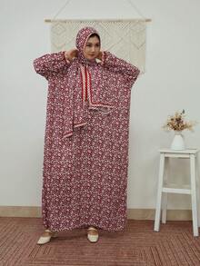 Wine Red Dainty Ditsy Floral Loose Fit Headscarf One-Piece Long Robe Lace Trim Muslin Women's Prayer Robe - Multicolor - View 7