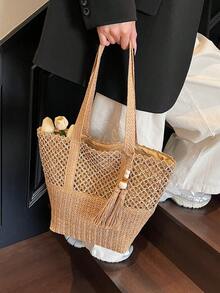2026 New Women's Straw Woven Beach Bag, Large Capacity Woven Tote Bucket Bag, Versatile Commuter Shoulder Bag For Summer Beach Vacation - Khaki - View 3