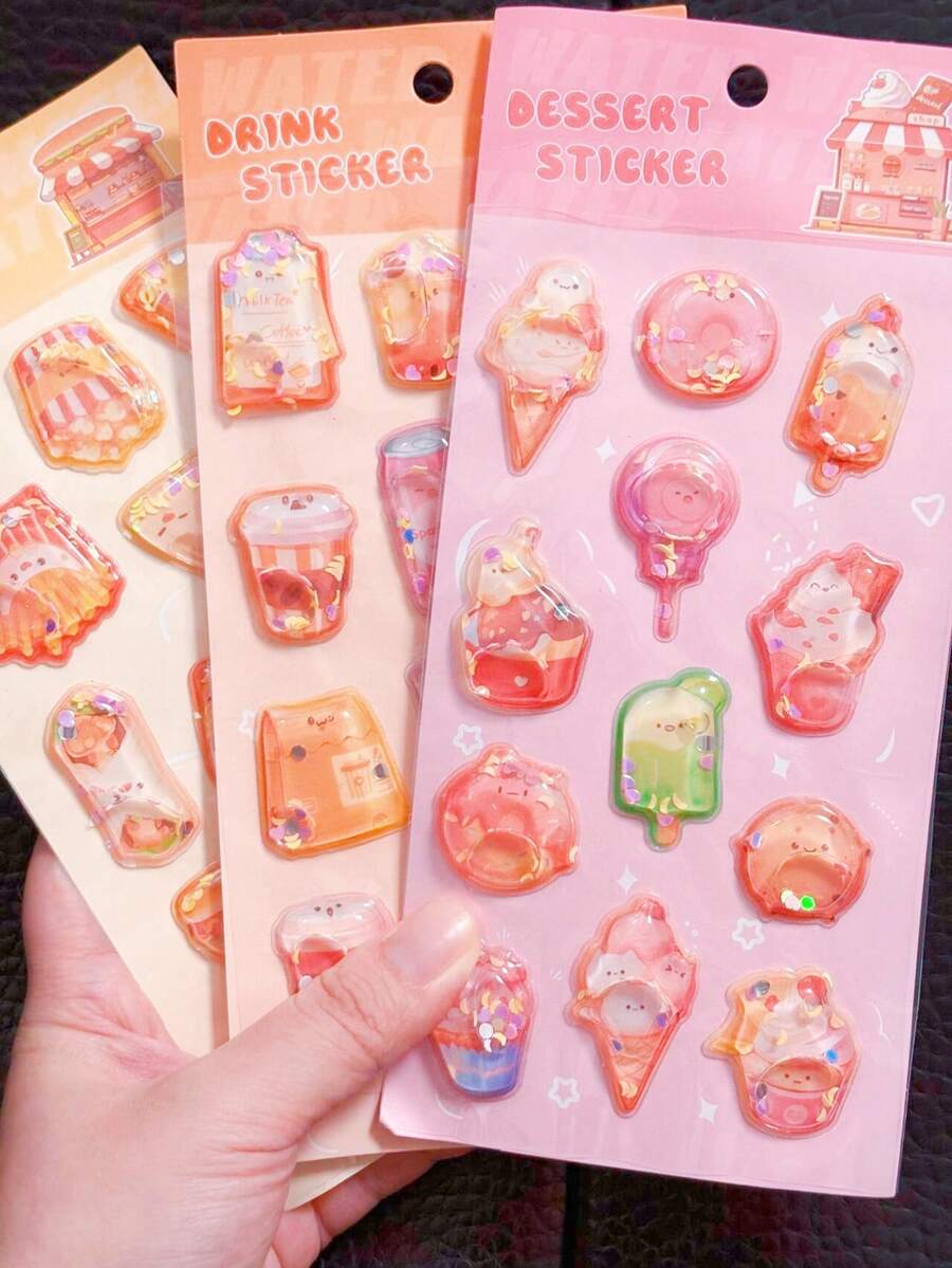 Cute Mixed 3D Embossed Crystal Kids Stickers, Cartoon Mini Hamburger Ice Cream Milk Tea 3D Planner Stickers