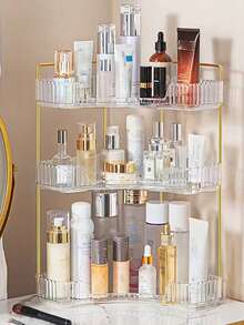 1pc Single Angle Bathroom Countertop Storage Box, Corner Bathroom Countertop Organizer, Suitable For 90° Corner, Can Be Used As Bedroom Vanity Tray, Kitchen Spice Rack And Perfume Bottle Tray, Large Capacity,Back To School,Bedroom Room Decor. - Clear - View 2