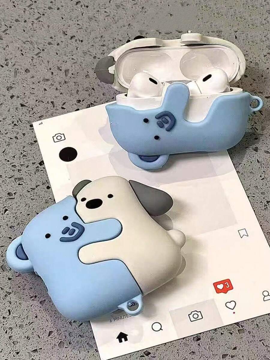 3D Stereo Hugging Bear & Puppy Silicone AirPodsCase, Two Interlocking Cartoon Animal Full Soft Silicone Shockproof Earphone Cover With Bottom Ring Hook, Compatible With AirPods2/1/3/4 & Pro/Pro 2/Pro 3 - Multicolor - View 1