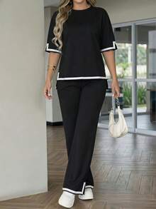 Colour-Blocked White-Edged Split Mid-Sleeve Round-Neck Set Black Minimalist Relaxed Spring-Autumn Commuting Casual Two Pieces Set Elegant Summer - Black - View 5