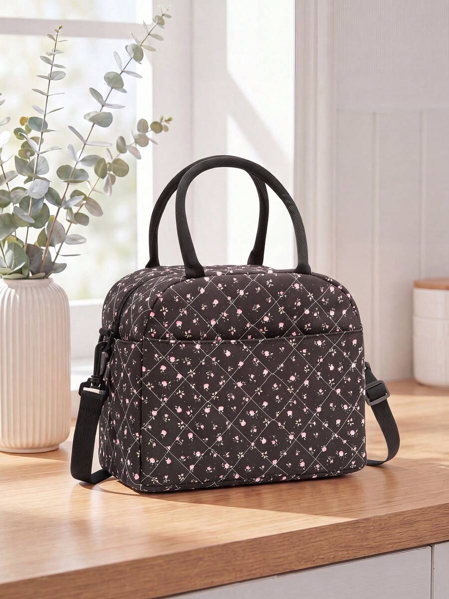 Floral Quilted Insulated Lunch Bag - Leak-Proof Reusable Thermal Cooler Tote, Large Capacity, Cute Coquette Style For Work, School, Picnic & Travel - 蒙特內哥羅 - 查看 1
